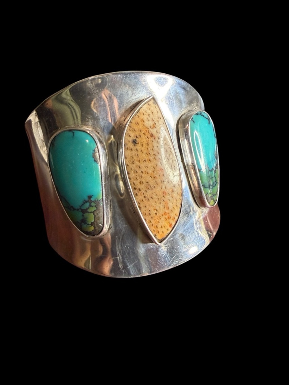 Large Sterling Silver Cuff Bracelet Hubei Turquoise Fossil Coral Artisan 62g 925